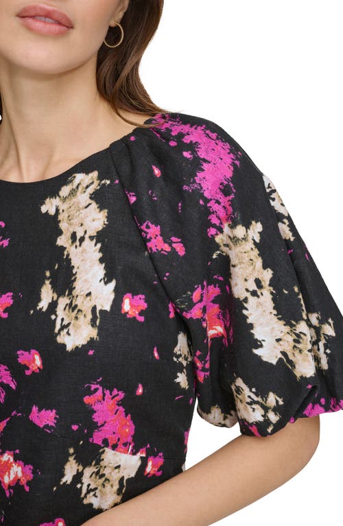 Shop Dkny Abstract Print Puff Sleeve Linen Blend Top In Black/shocking Pink Multi