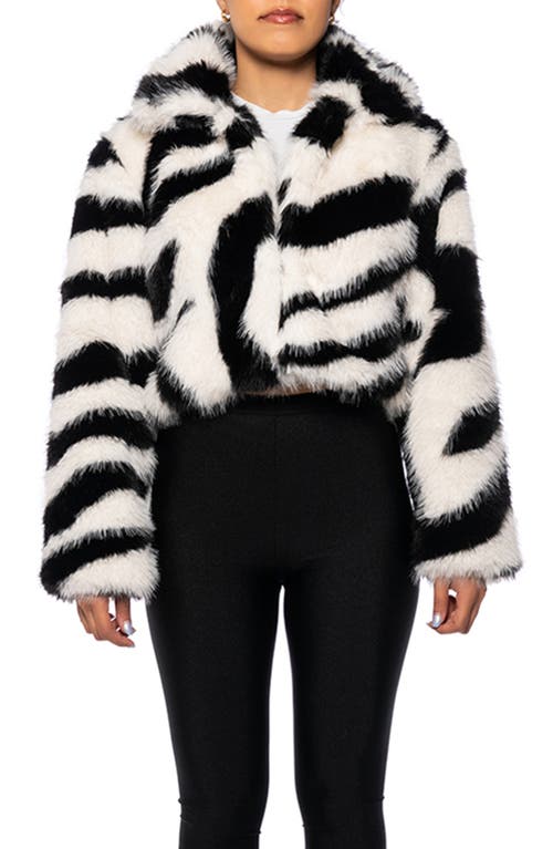 Zebra Print Faux Fur Crop Jacket with Removable Collar in White