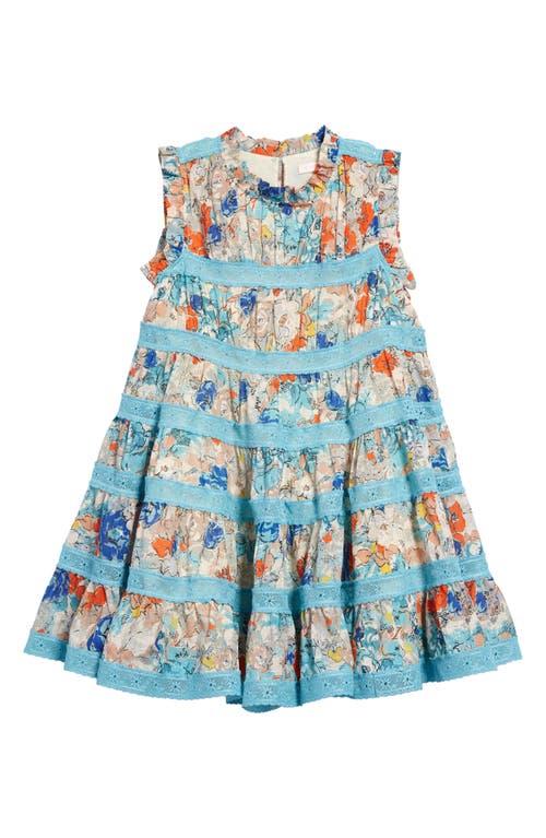 Zimmermann Kids' Clover Floral Print Tiered Cotton Dress in Topaz Peony Floral