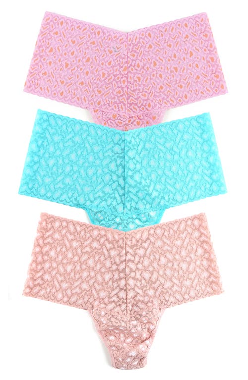 Shop Hanky Panky 3-pack X-dye Animal Print Retro Thongs In Beige/pink/turquoise