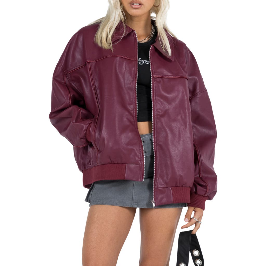 Princess Polly Goldsmith Oversize Faux Leather Bomber Jacket In Dark Red