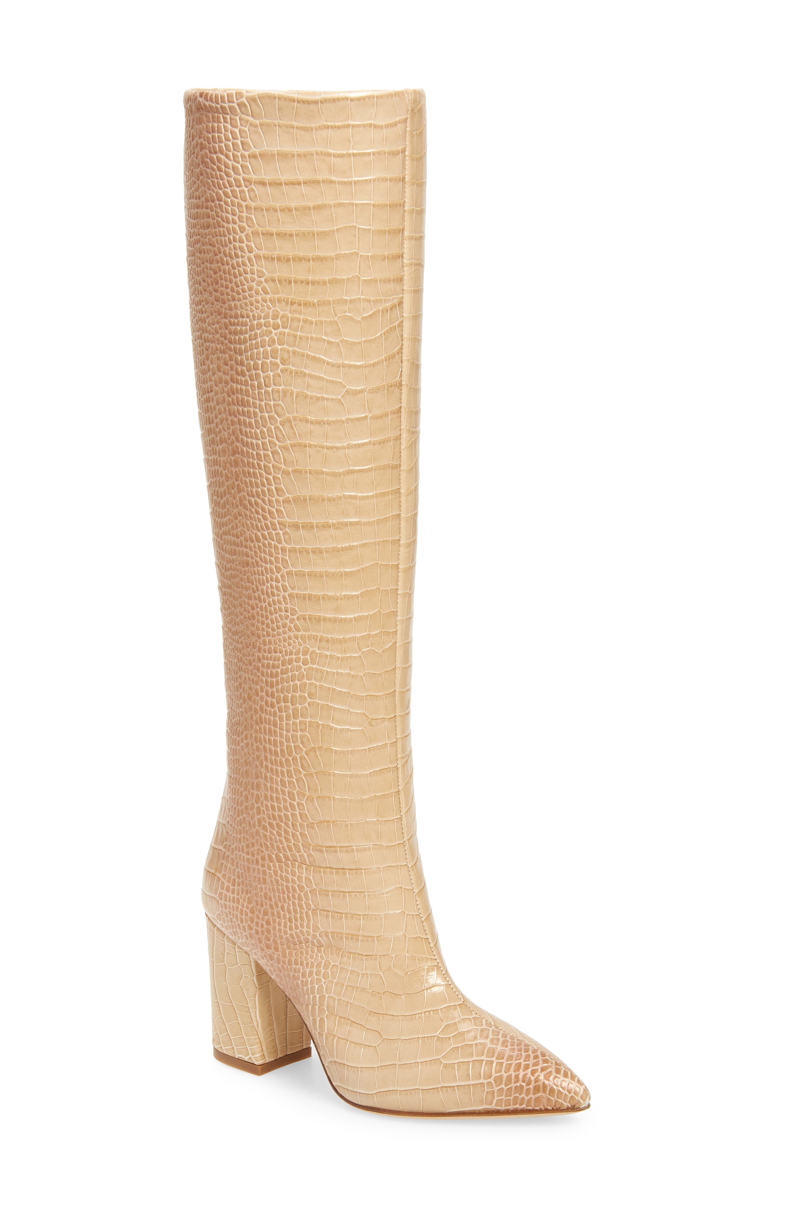 croc embossed knee high boots