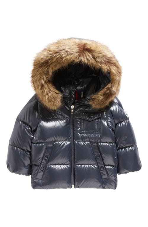 Moncler Kids' K2F Down Jacket with Faux Fur Trim in Navy at Nordstrom, Size 3-6M