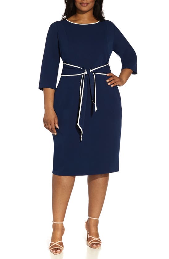ADRIANNA PAPELL TIPPED TIE WAIST CREPE DRESS