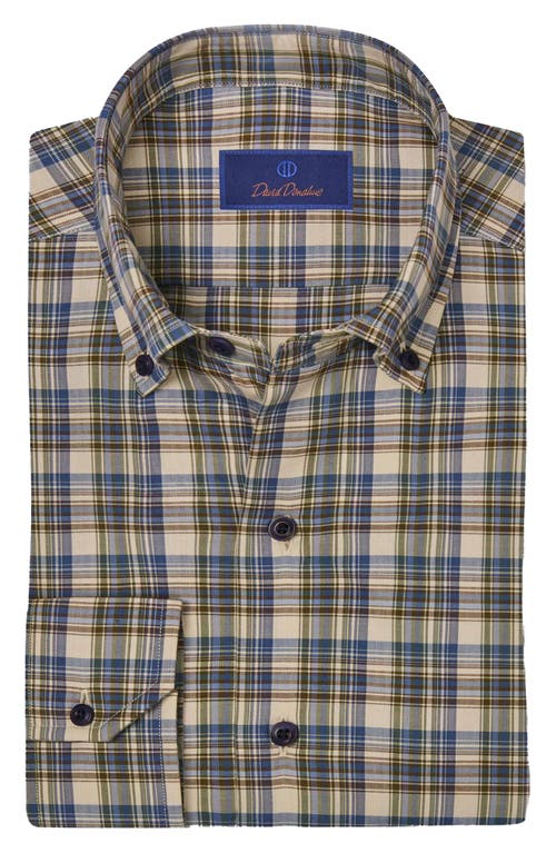 Shop David Donahue Herringbone Plaid Cotton Blend Sport Shirt In Green/multi