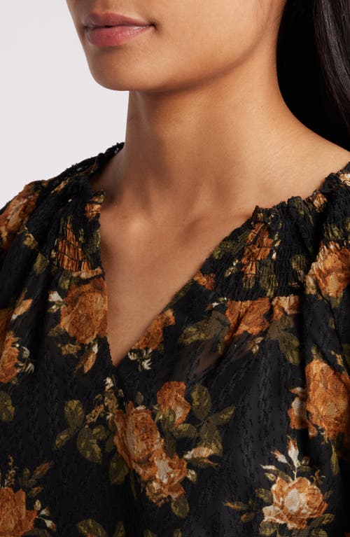 Shop Bobeau Floral Smock Neck Top In Curry/olive Floral