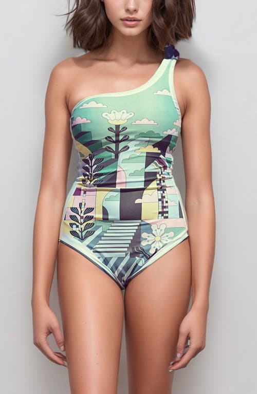 Shop Jessie Zhao New York Dream Like Reversible One-shoulder One-piece Swimsuit In Blue/green