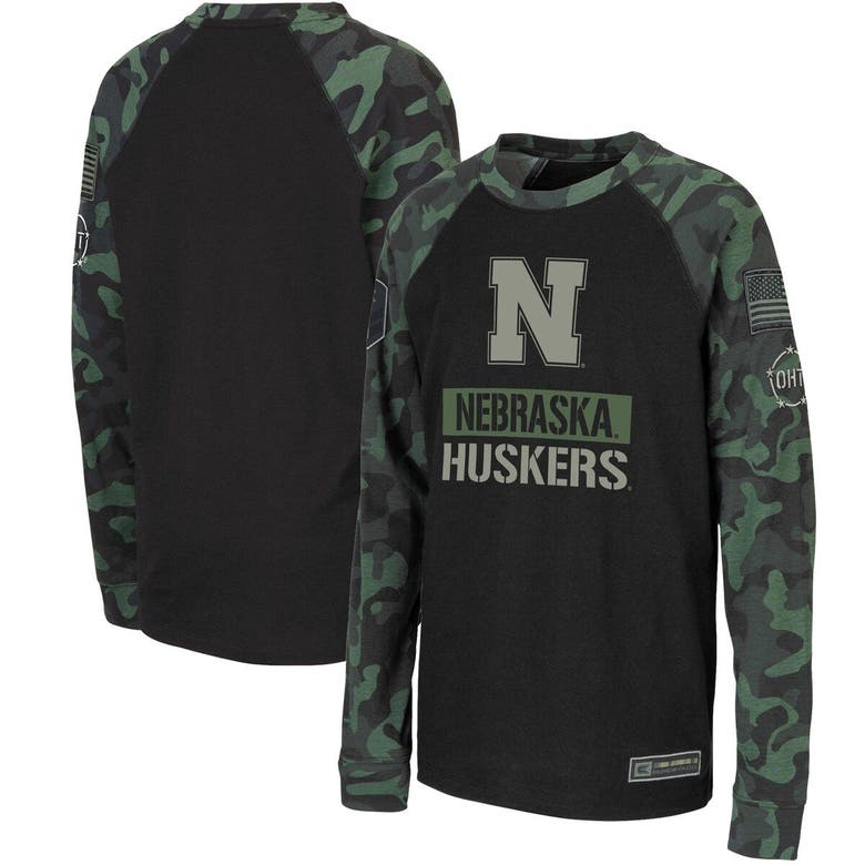 Colosseum Kids' Youth  Black/camo Nebraska Huskers Oht Military Appreciation Raglan Long Sleeve T-shirt
