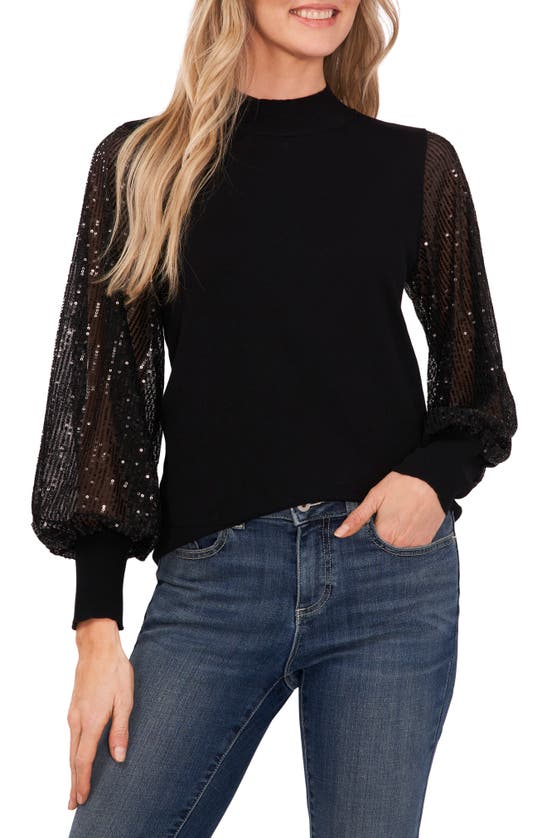 Cece Sequin Sleeve Mock Neck Sweater In Rich Black