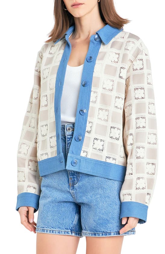 Shop English Factory Patchwork Crochet & Denim Jacket In Beige Multi