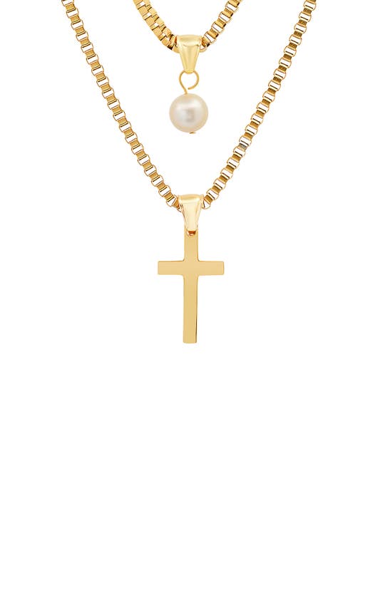 HMY JEWELRY HMY JEWELRY 18K GOLD PLATED STAINLESS STEEL IMITATION PEARL & CROSS PENDANT LAYERED NECKLACE