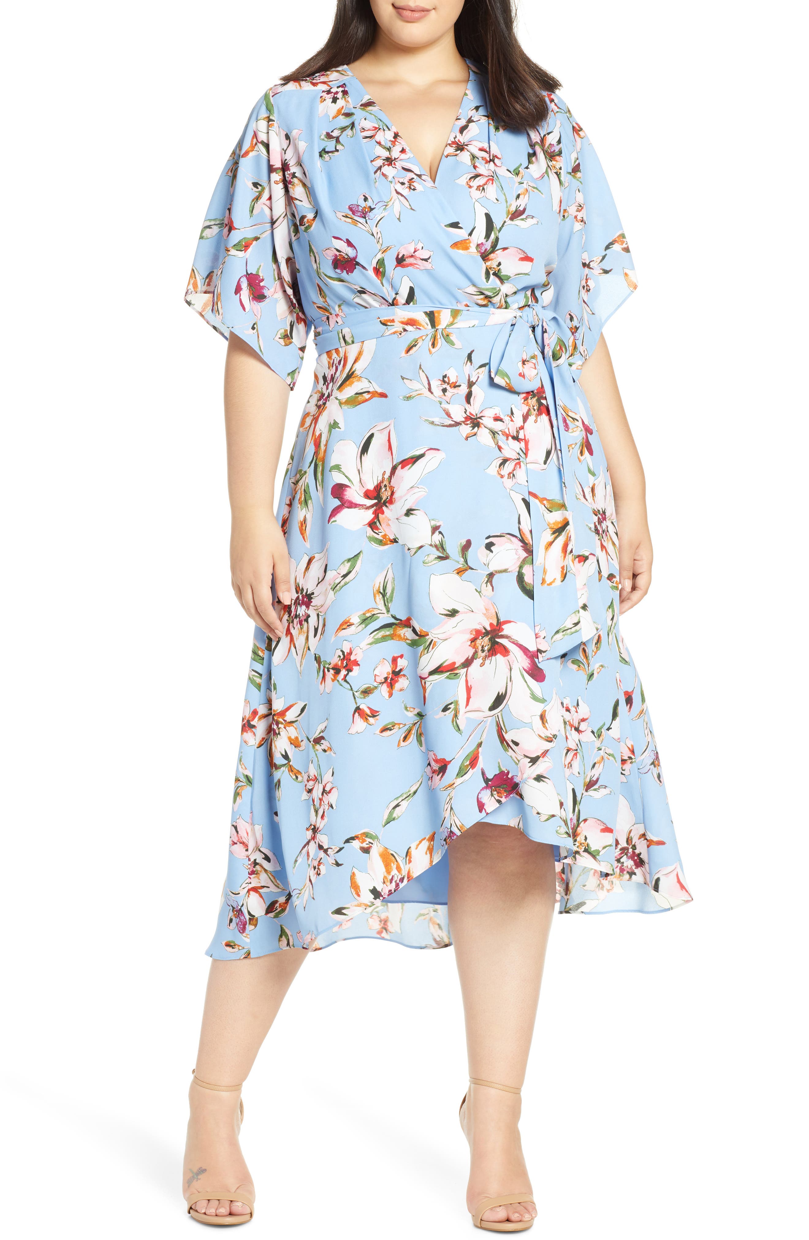 Plus Size Tahari Faux Wrap Midi Dress, Blue