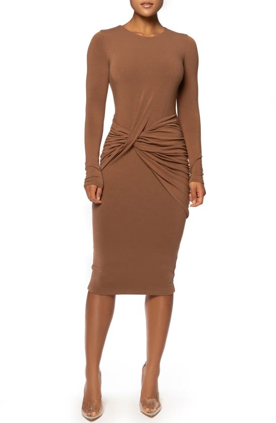 Jluxlabel Modern Lovers Long Sleeve Twist Front Midi Dress In Pecan