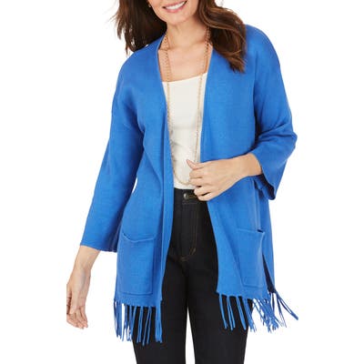Foxcroft Flora Fringe Hem Open Cotton Blend Cardigan, Blue