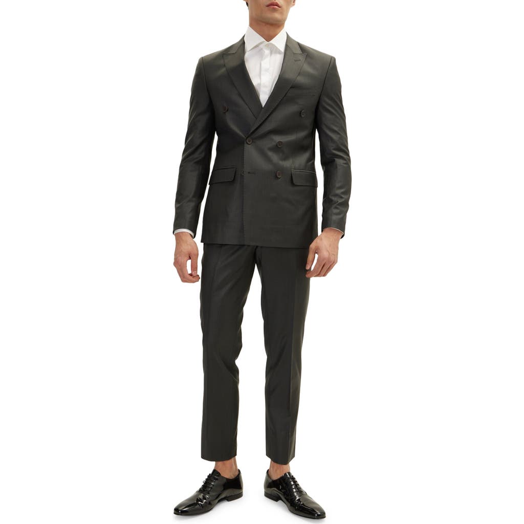 Ron Tomson Pinstripe Merino Wool Double Breasted Tuxedo In Charcoal
