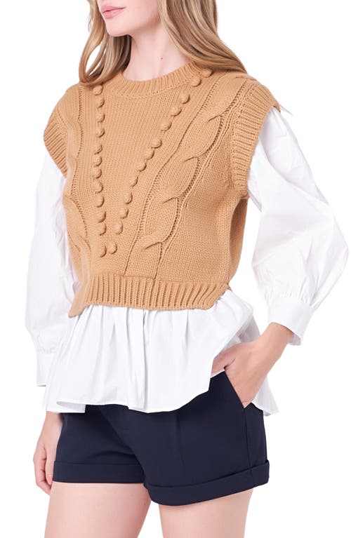 English Factory Mixed Media Cable Stitch Sweater In Tan/white