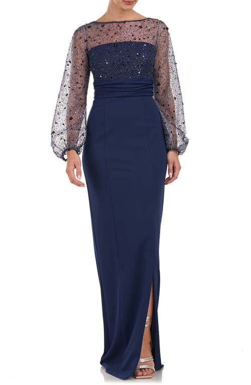 Logan Beaded Ilusion Lace Long Sleeve Column Gown in Navy