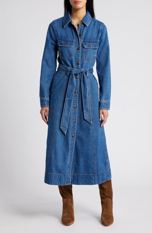 Wit & Wisdom Tie Waist Long Sleeve Denim Maxi Dress In Mid Blue