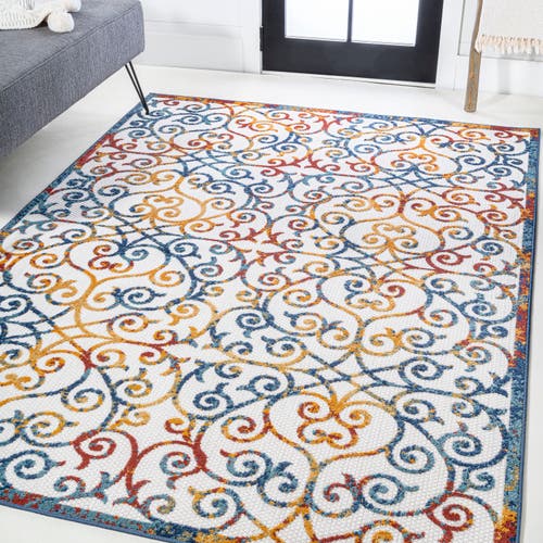 Jonathan Y Atrani Scroll Trellis Indoor/outdoor Area Rug In Cream/blue/red