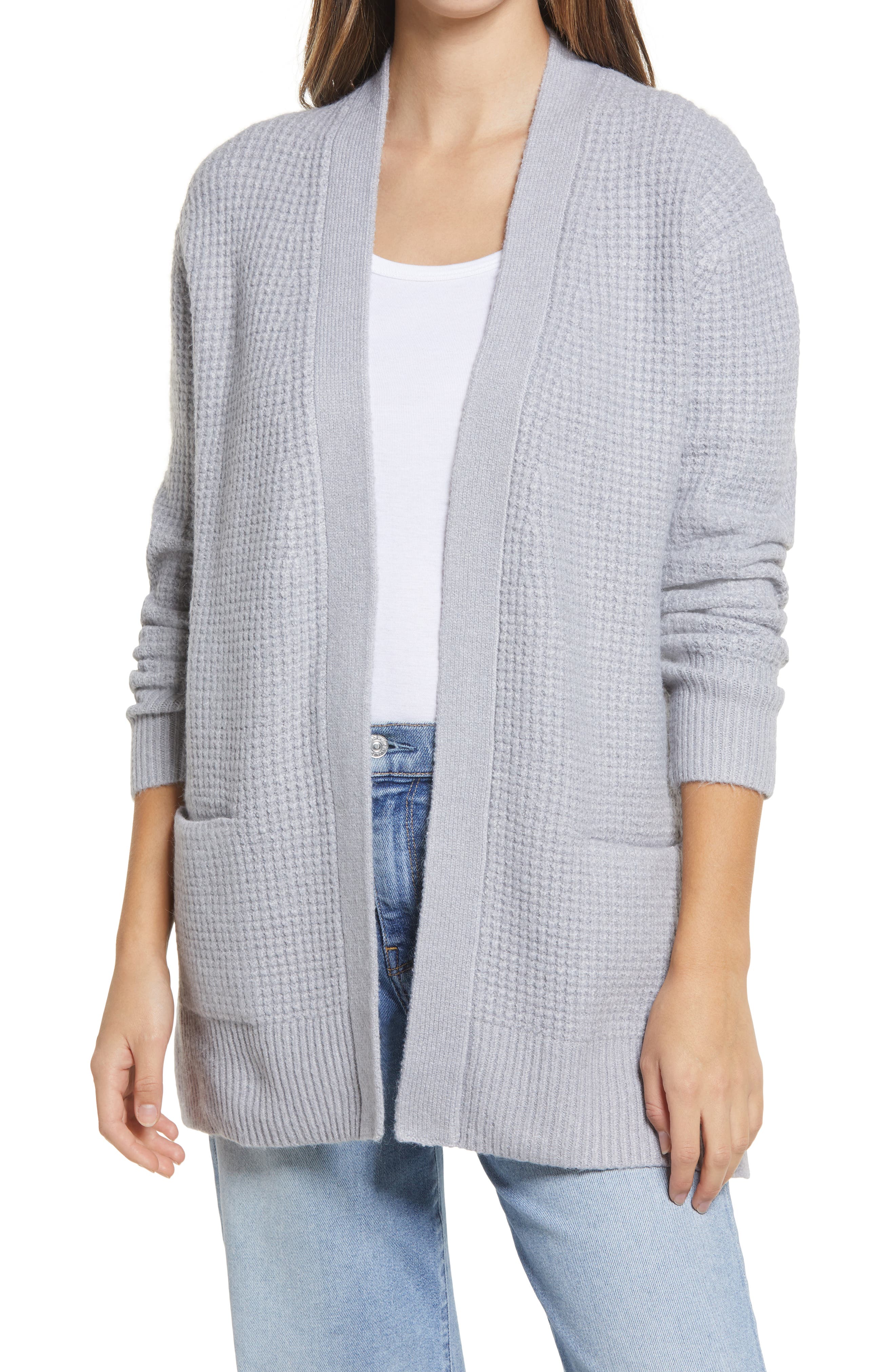 grey open cardigan