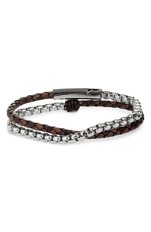 Braided Leather & Chain Double Wrap Bracelet in Brown