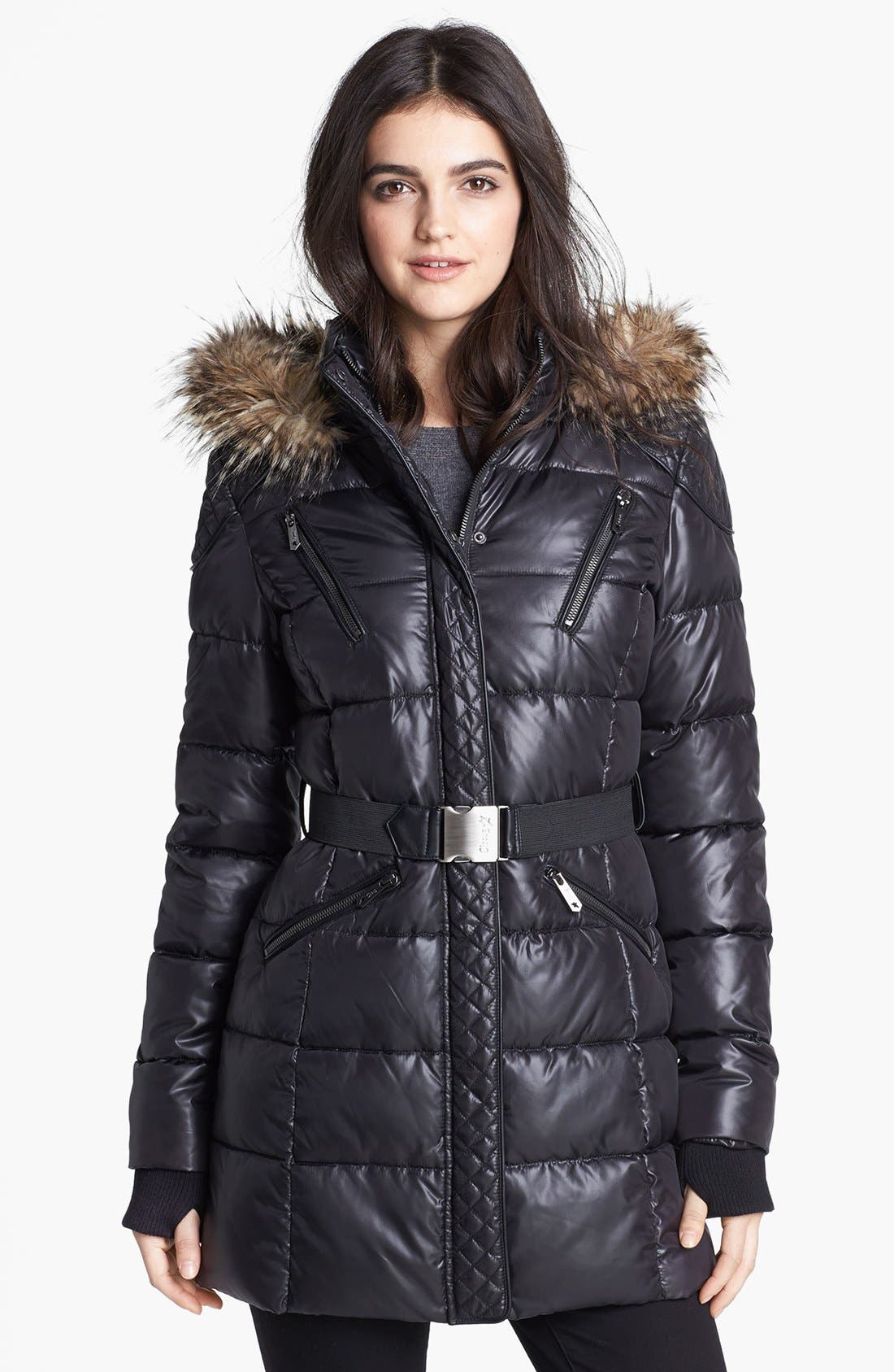 quilted ciré and faux shearling reversible puffer coat
