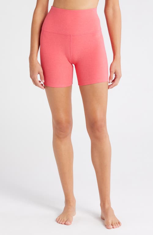 Shop Beyond Yoga Keep Pace Space Dye Bike Shorts In Coral Glow Heather