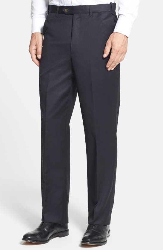 BERLE BERLE SELF SIZER WAIST FLAT FRONT CLASSIC FIT WOOL GABARDINE TROUSERS