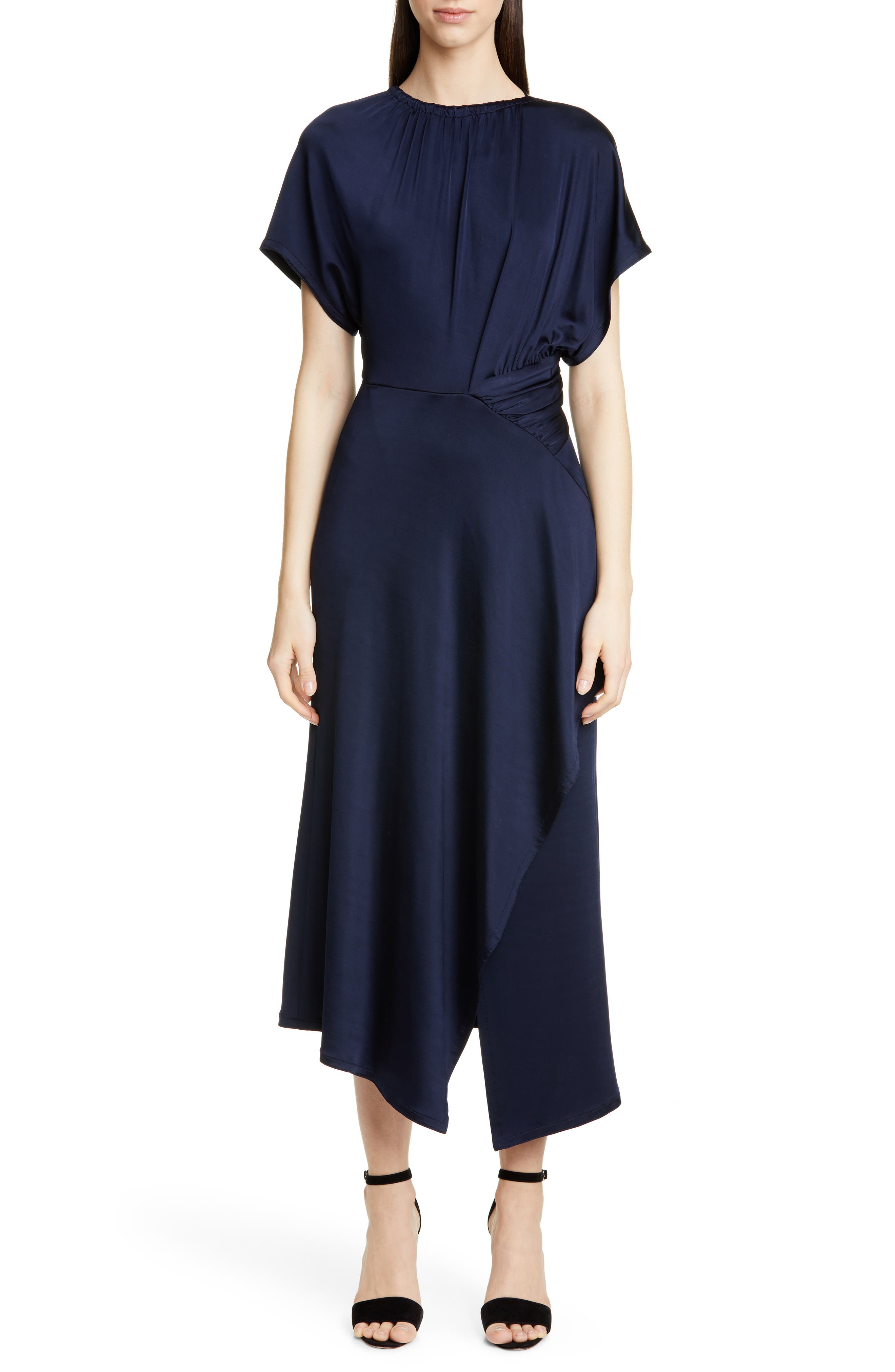 Yigal Azrouel Shirred Waist Asymmetrical Jersey Midi Dress, Blue