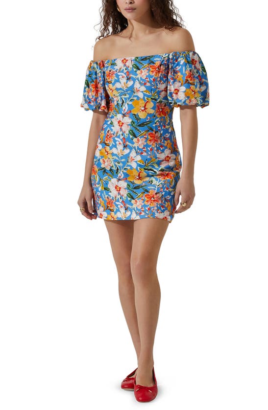Shop Astr The Label Floral Off The Shoulder Minidress In Blue Tropical