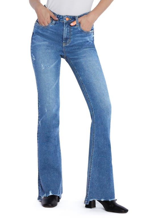 Distressed High Waist Flare Jeans in Steel Blue