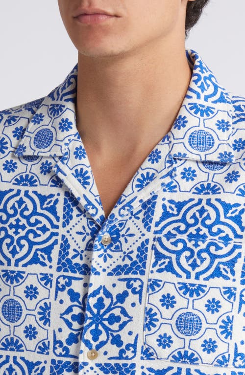 Shop Les Deux Tile Print Cotton Camp Shirt In Light Ivory/surf Blue