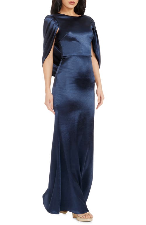 Shop Dress The Population Adina Cape Sleeve Satin Trumpet Gown In Navy