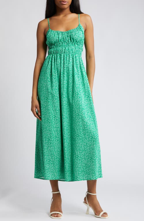 Floral Print Shirred Linen Blend Midi Dress in Green Ditsy