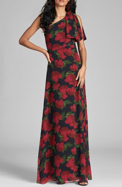 Sachin & Babi Chelsea Floral Print One-Shoulder Georgette Gown in Ruby Tea Rose 