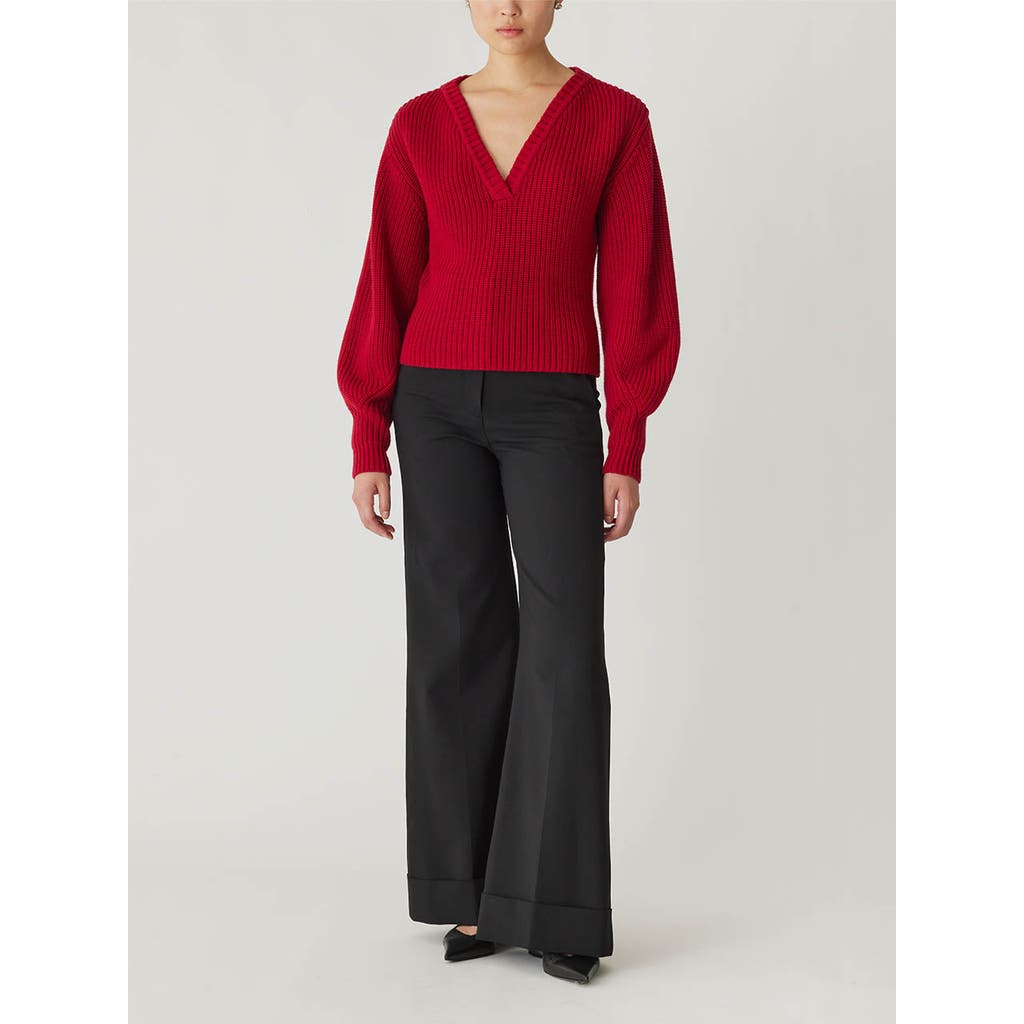 Rebecca Taylor Novlety Wool Victorian Slv V Neck In Red Lip