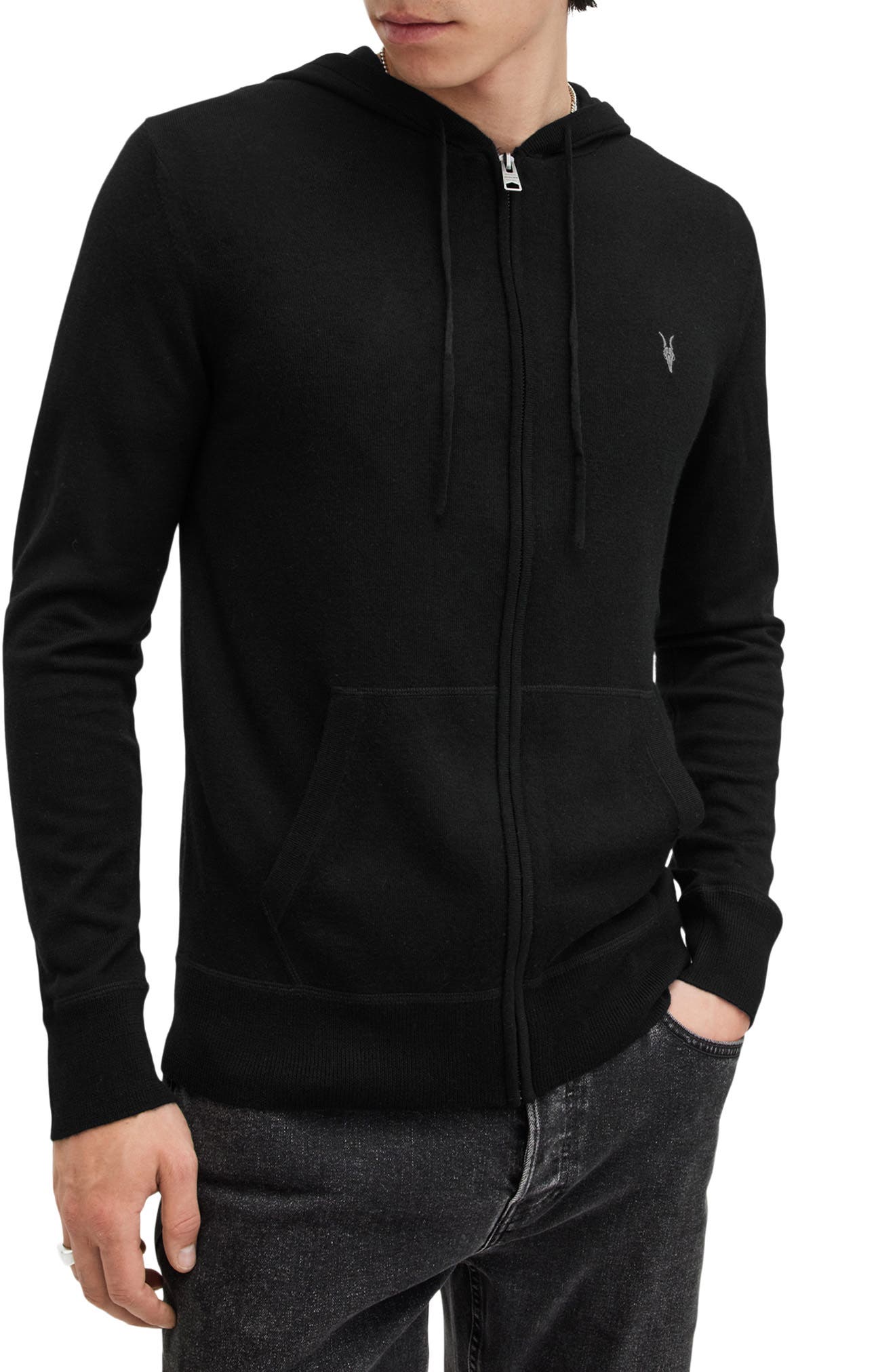 Allsaints Mens Black Raven Slim-fit Cotton-fleece Hoody
