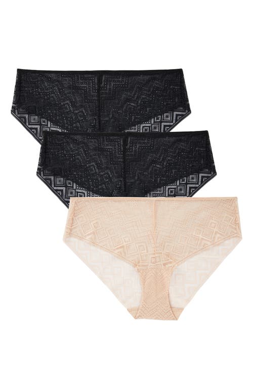 DKNY Assorted 3-Pack Pure Lace Hipster Briefs in Blackblackcashmere