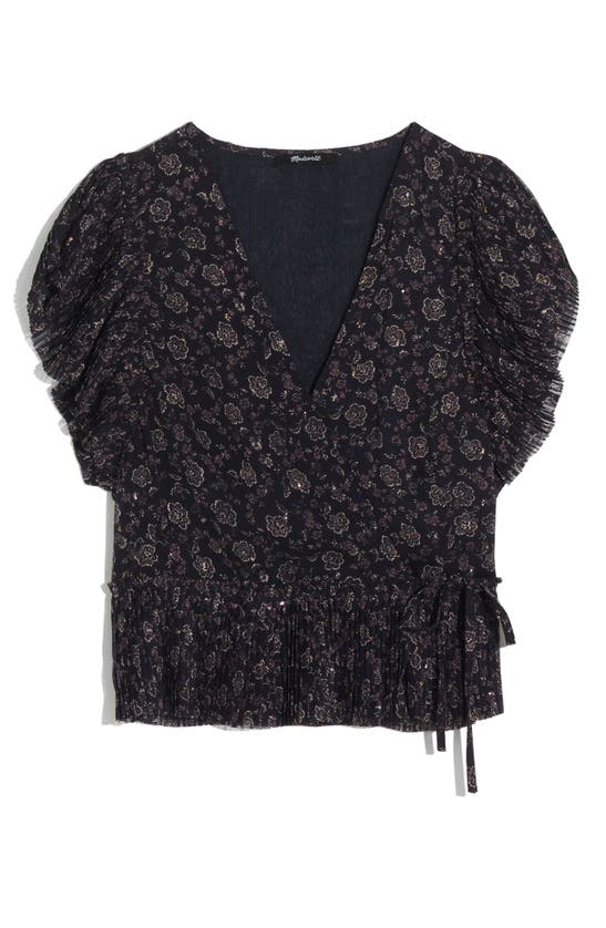 Madewell Floral Flutter Sleeve Wrap Top In Night Vision