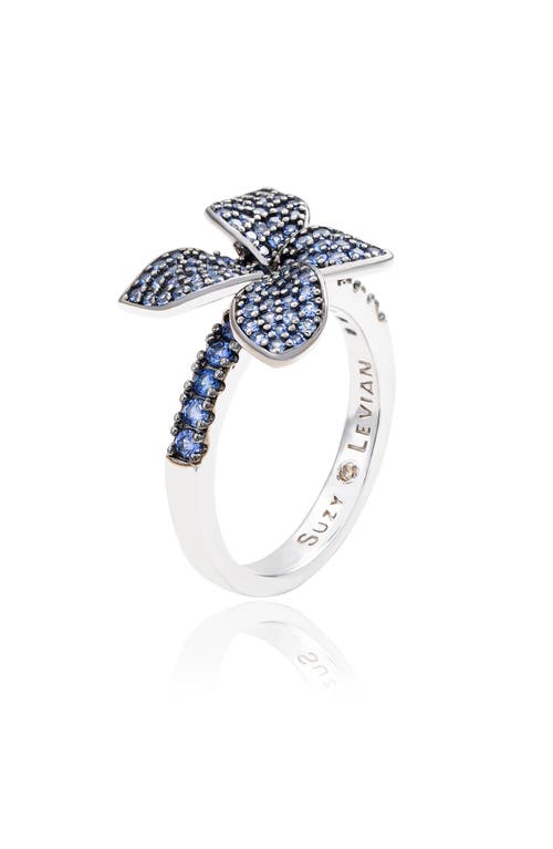 Suzy Levian Sterling Silver Pavé Blue Sapphire Flower Ring In Blue