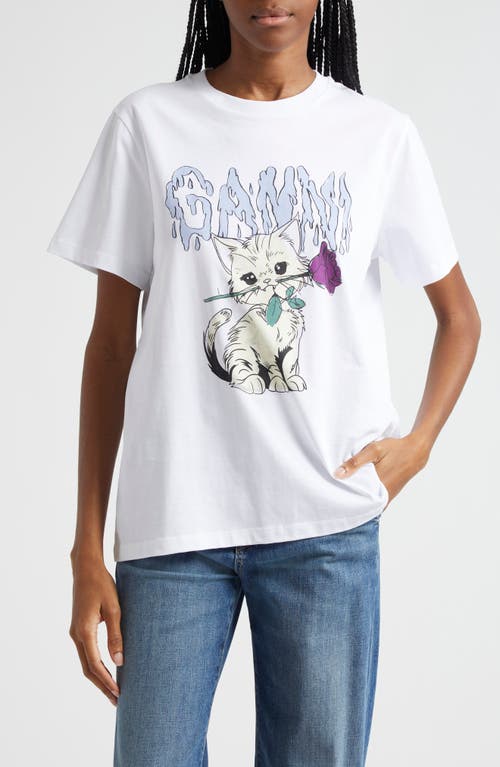 Ganni Rose Cat Logo Organic Cotton Graphic T-Shirt Bright White at Nordstrom,