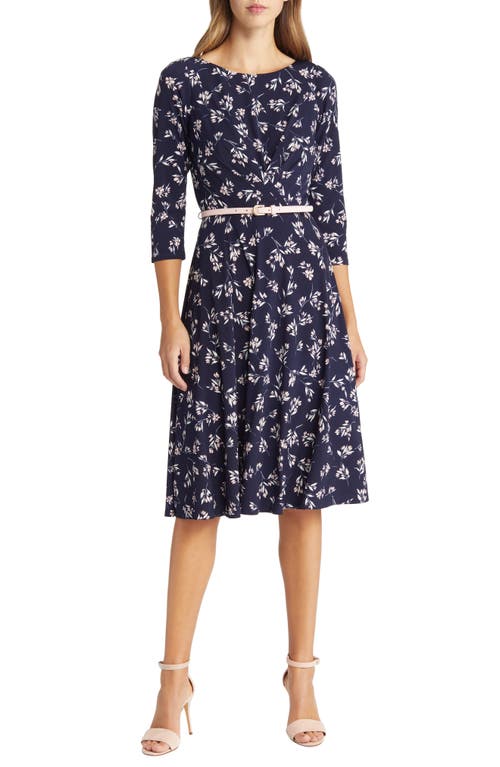 Pleated Floral Print Belted Dress in Navy