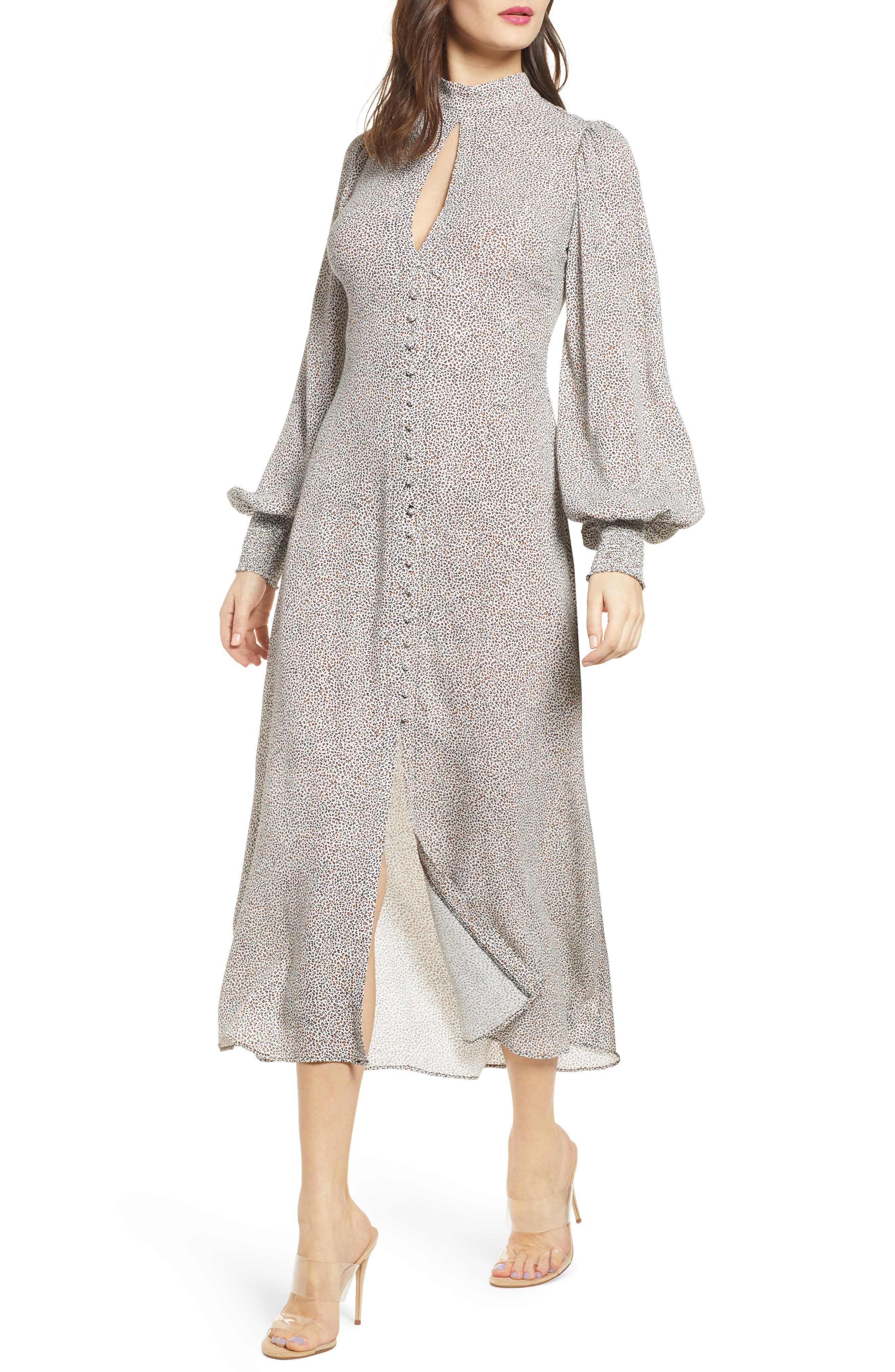 Afrm Print Long Sleeve Mock Neck Midi Dress, Black