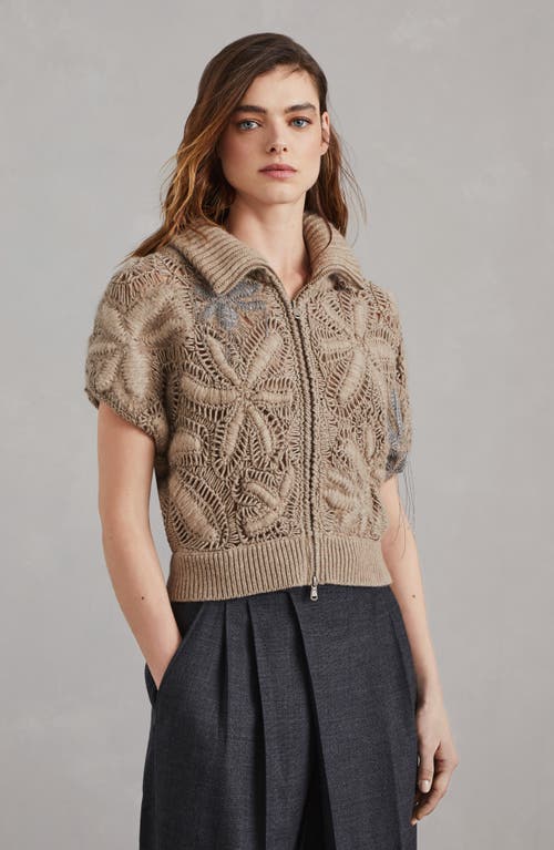 Shop Brunello Cucinelli Handmade Flower Crochet Opera Cardigan In Brown