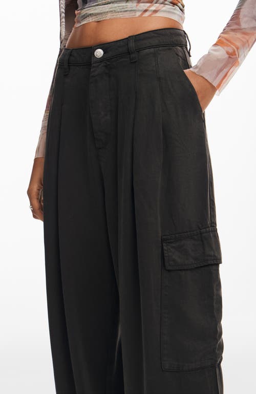 Shop Desigual Wide Leg Pleated Cargo Pants In Black