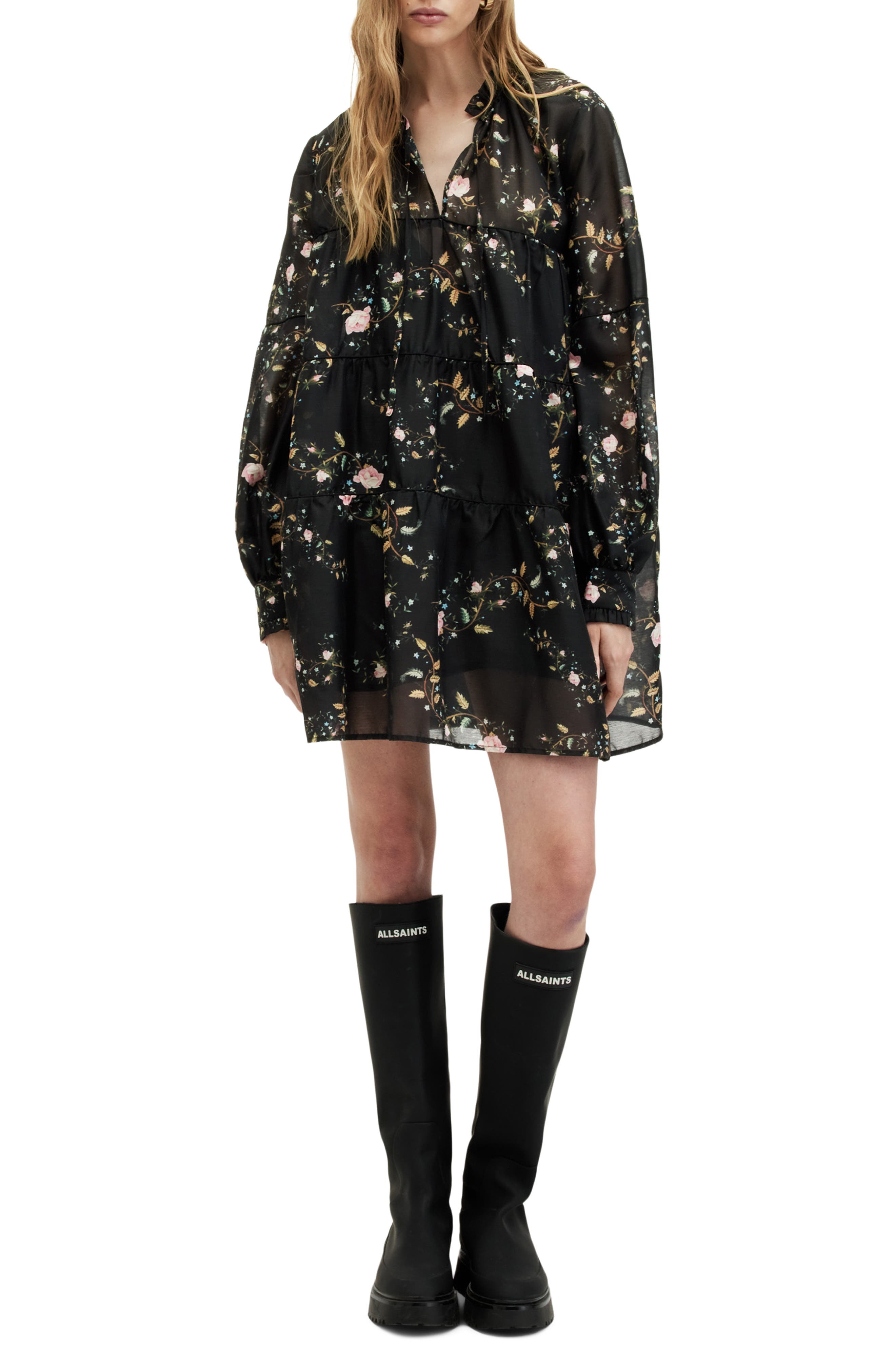 knee length dresses for ladies Black Sheer Panel Mini Dress