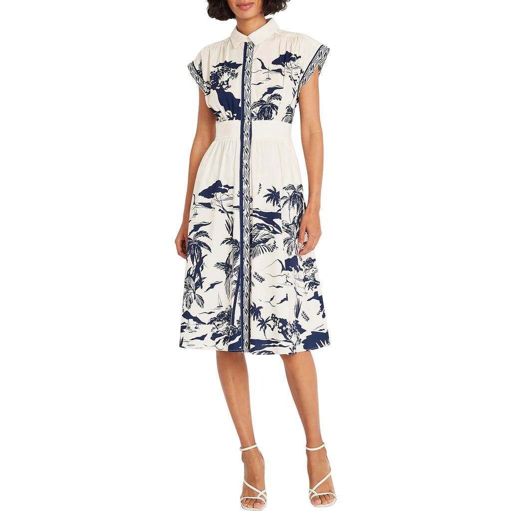 Maggy London Placed Print Stretch Cotton Midi Shirtdress In Cream/navy