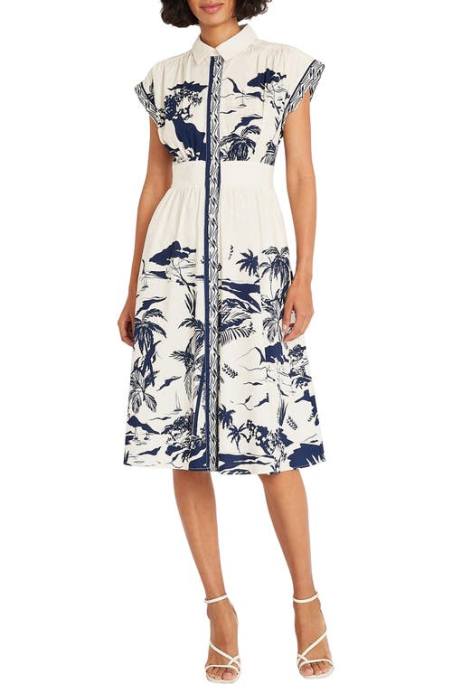 Shop Maggy London Placed Print Stretch Cotton Midi Shirtdress In Cream/navy