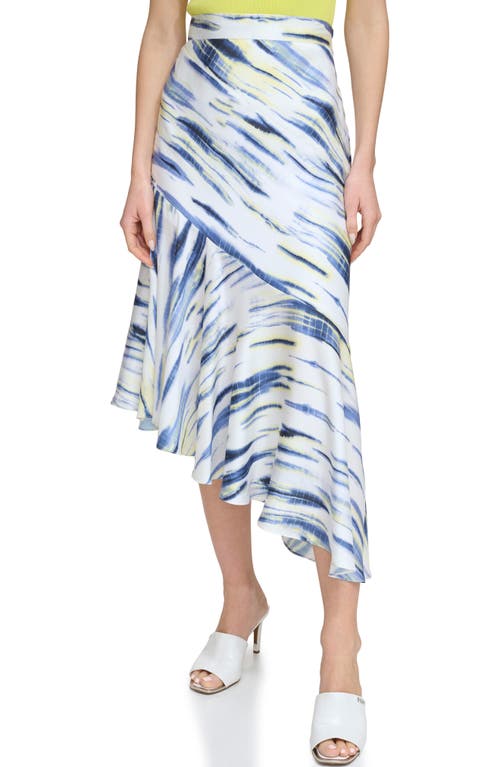 Dkny Printed Asymmetric Satin Midi Skirt In White/inky Blue Multi