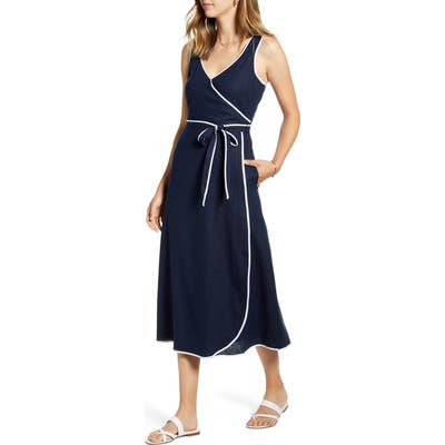Petite 1901 Contrast Trim Belted Linen Blend Sundress, Blue